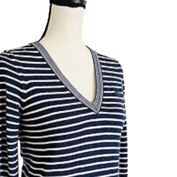 New Lacoste women V-neck wool blend striped sweater in navy blue & white size 36 - Picture 2 of 12